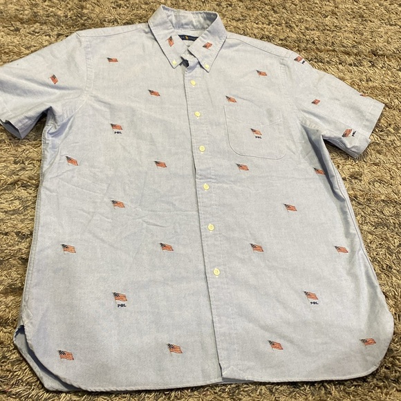 Ralph Lauren Blue Red Casual Button Shirt USA embroidered American flag sz large - Picture 2 of 10